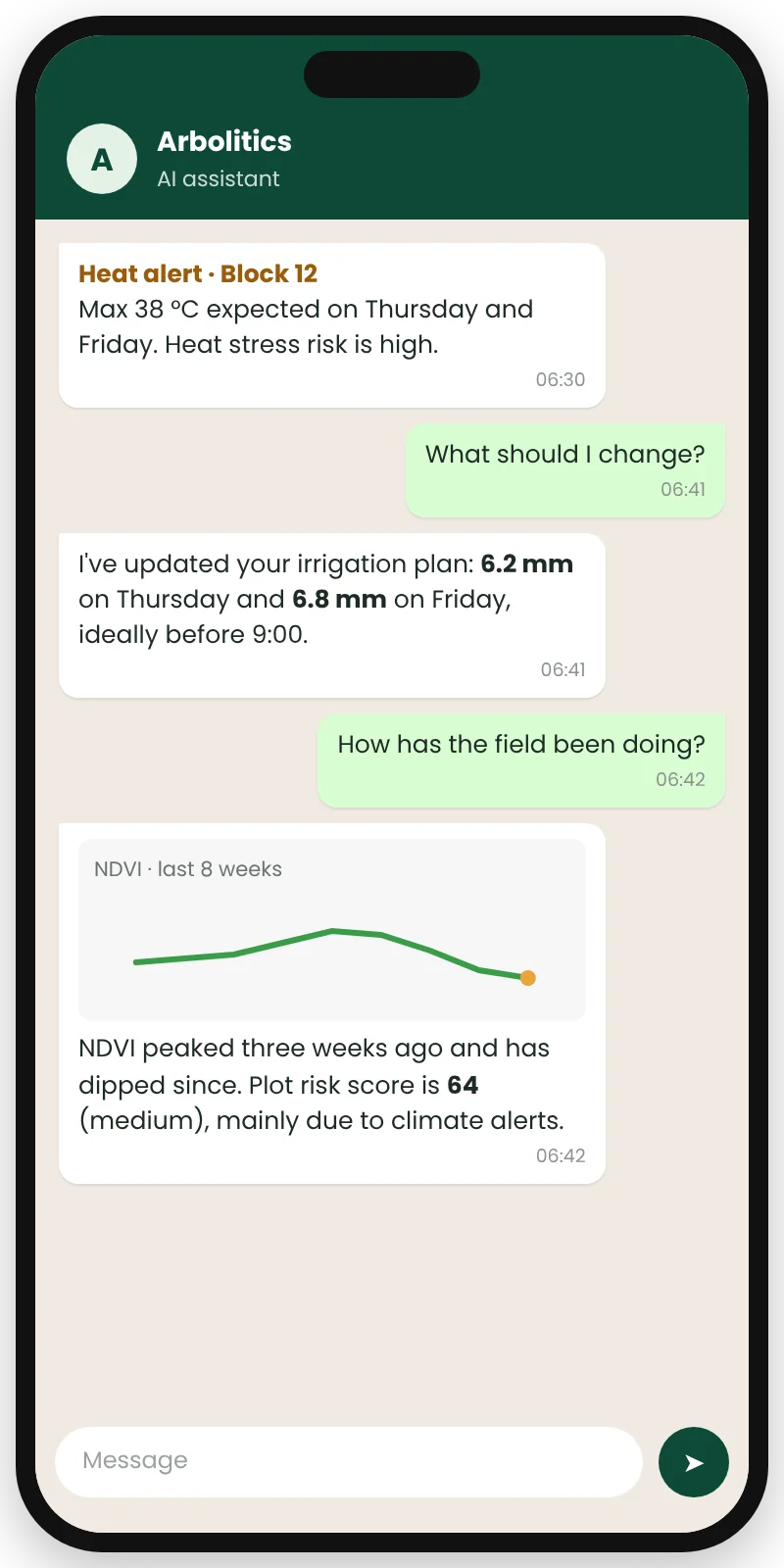 Chat with the Arbolitics AI assistant about a field alert