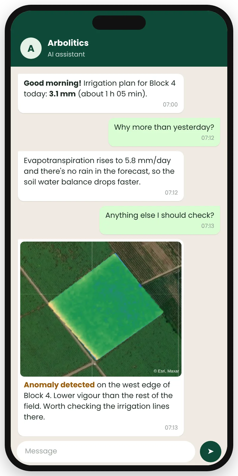 Chat with the Arbolitics AI assistant about irrigation and a field alert